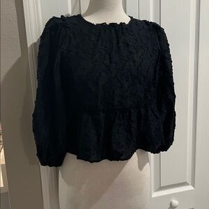 Black Textured Puff Sleeve Women's Top